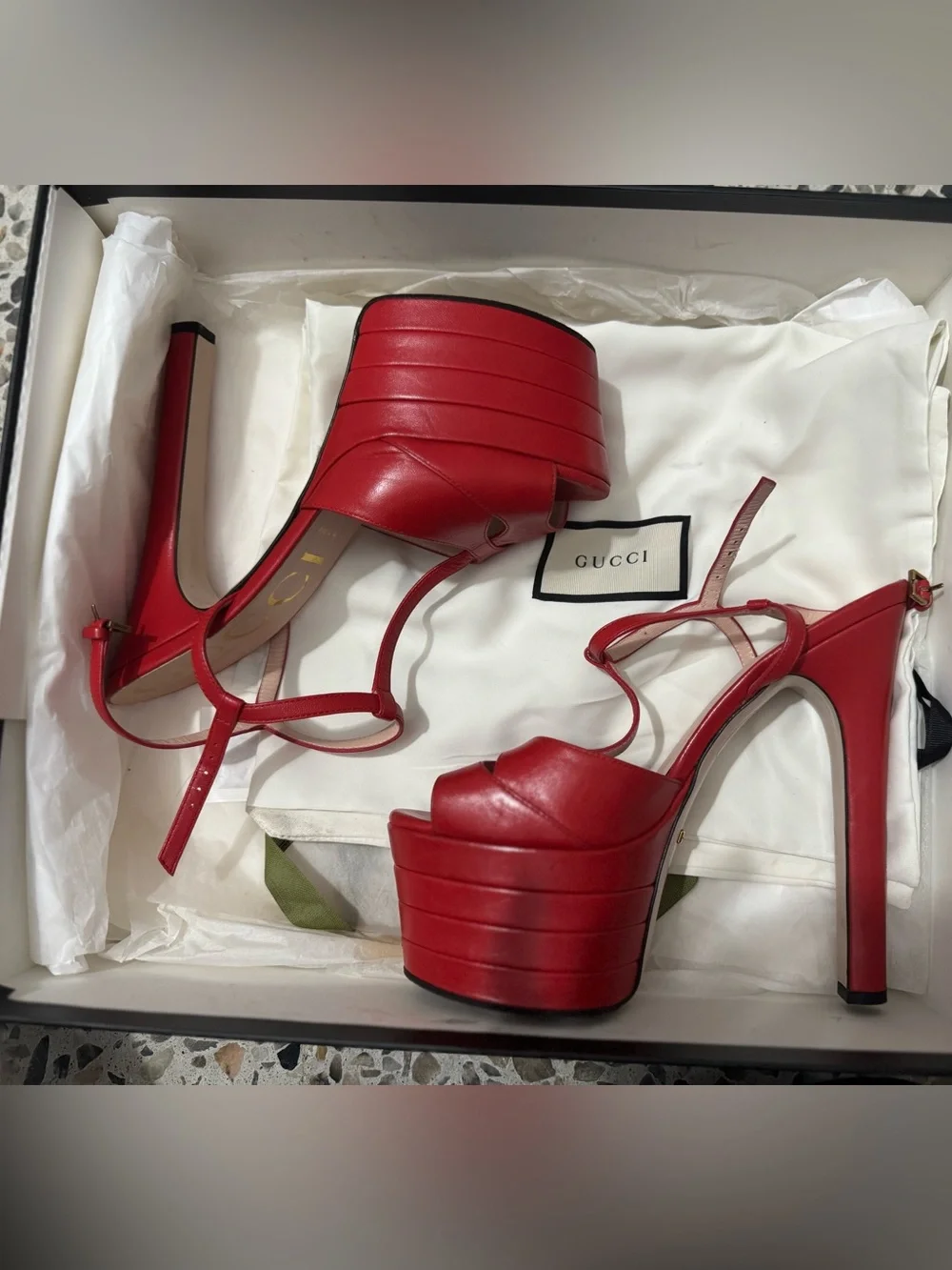 Gucci Red Leather Platform T-Strap Sandals